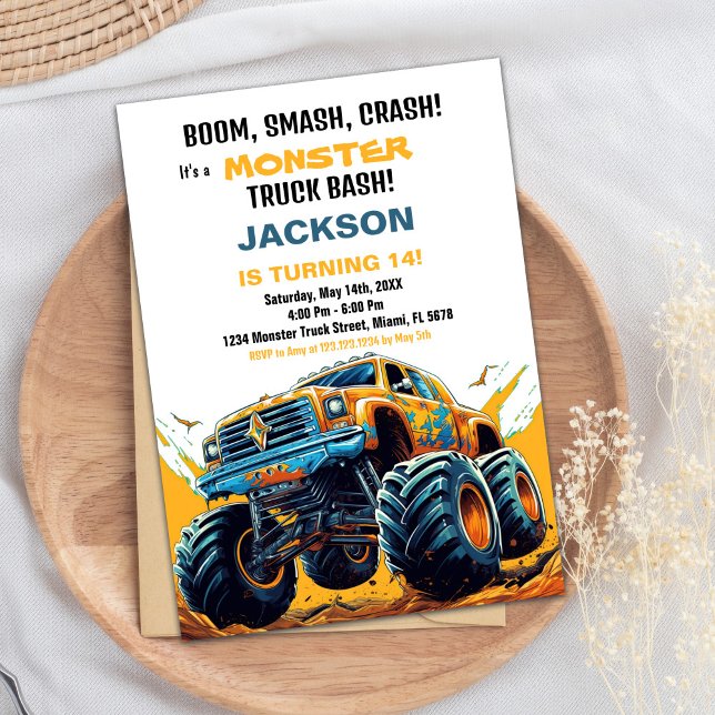 Monster Truck Invitations Anniversaire Orange (Monster Truck Birthday Invitations Orange)