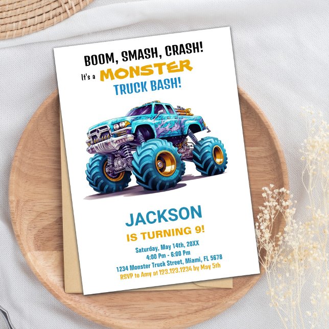 Monster Truck Invitations Anniversaire Orange Blue (Monster Truck Birthday Invitations Orange Blue)