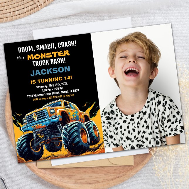 Monster Truck Invitations Anniversaire Photo Jaune (Monster Truck Birthday Invitations Photo Yellow)