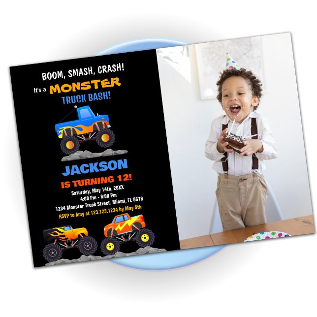 Monster Truck Invitations Anniversaire Photo noire (Monster Truck Birthday Invitations Black Photo)