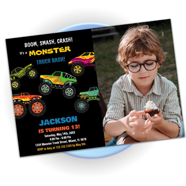 Monster Truck Invitations Anniversaire Photo noire (Monster Truck Birthday Invitations Black Photo)