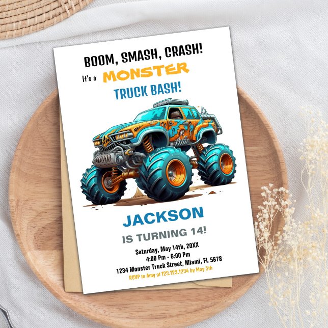 Monster Truck Invitations Anniversaire Vert bleu (Monster Truck Birthday Invitations Green Blue)