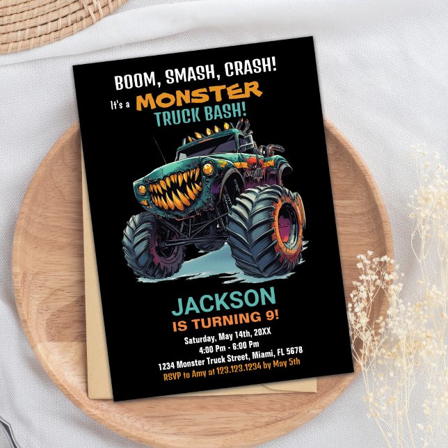 Monster Truck Invitations Anniversaire Vert Noir (Monster Truck Birthday Invitations Green Black)