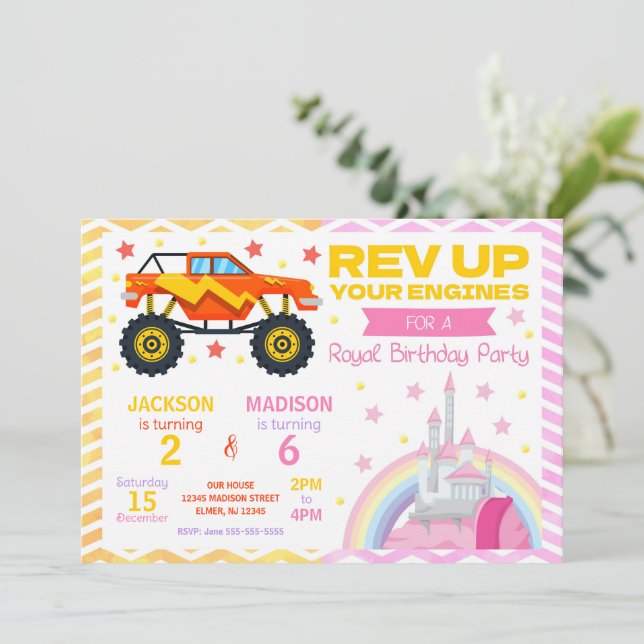 Monster Truck & Princess Joint Birthday Invitation (Debout devant)