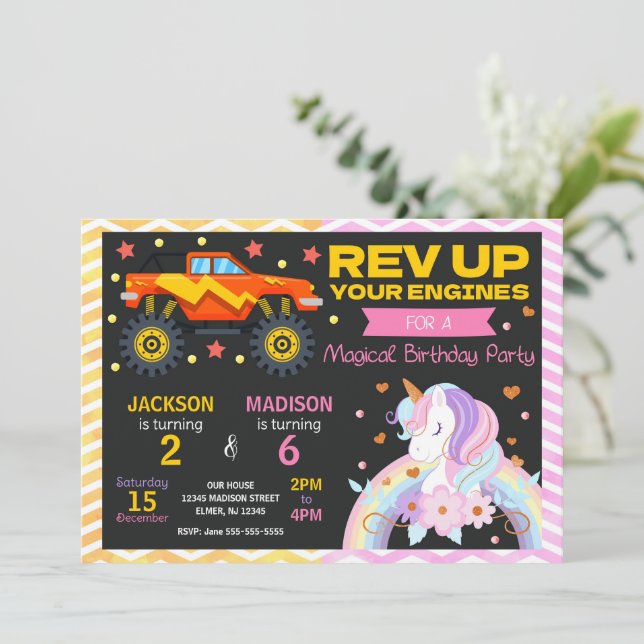 Monster Truck & Unicorn Joint Birthday Invitation (Debout devant)