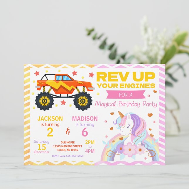 Monster Truck & Unicorn Joint Birthday Invitation (Debout devant)
