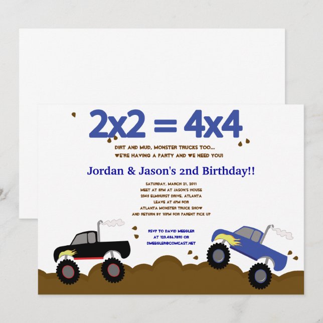MONSTER TRUCKS 5x7 Invitations d'anniversaire pour (Devant / Derrière)