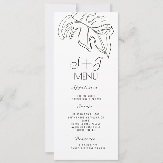 Monstera Minimal Double Line Art Mariage Menu (Devant)