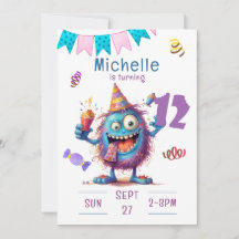 Monstre coloré Douze Anniversaire Invitation