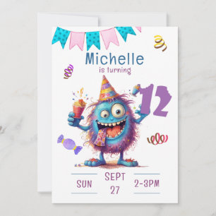 Monstre coloré Douze Anniversaire Invitation