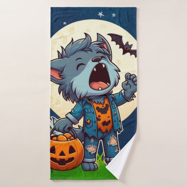 Monstre de loup-garou mignon hurlant avec citrouil (Serviette de bain)