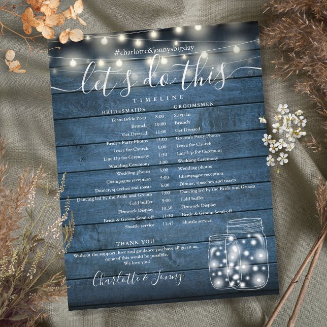Montage du programme de mariage Blue Rustic (Blue Rustic String Lights Wedding Program Timeline)