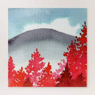 Montagne Grey Avec Arbres Rouges Puzzle Aquarelle