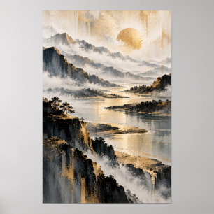 Montagne Lac Brume Dorée Art Mural Abstrait