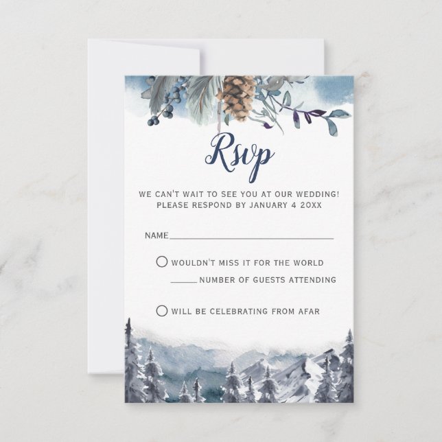Montagnes aquarelles, Carte RSVP Floral Bleu (Devant)