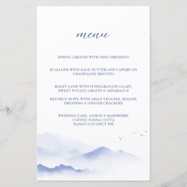 Montagnes bleues et oiseaux menu mariage (Devant)