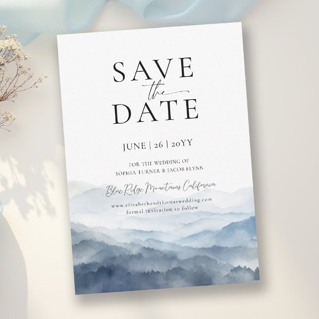 Montagnes Blue Ridge Faire-Part de Mariage Moderne (mountain wedding save the date invite peak ridge landscape purple watercolor misty rustic romantic)