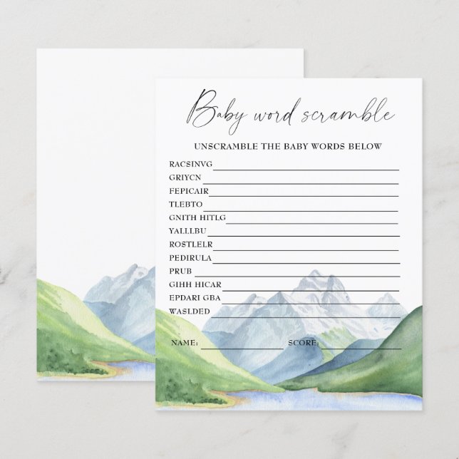 Montagnes - jeu de mots mêlés pour baby shower (Devant / Derrière)