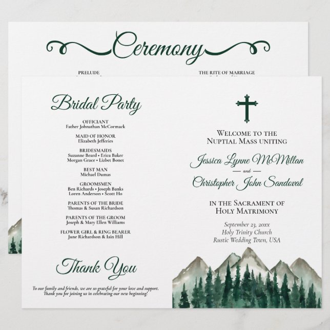 Montagnes & Pins DIY Programme de Mariage Catholiq (Devant / Derrière)