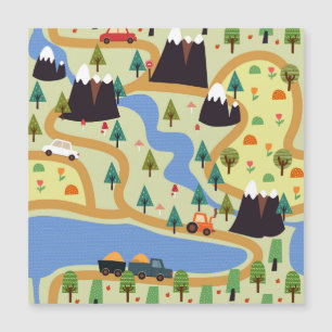 Montagnes, rivières, forêt, motif automobile.
