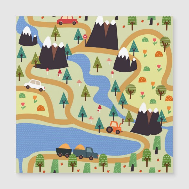 Montagnes, rivières, forêt, motif automobile. (Devant)