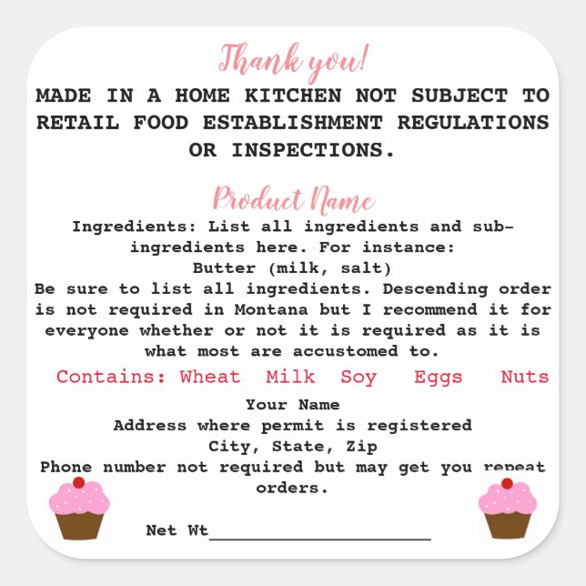Montana Cottage Food Law Étiquette home boulangeri (Devant)