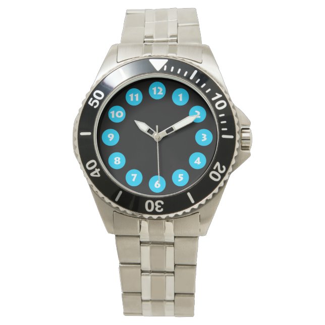 Montre 12 Spots - bleu ciel sur noir (devant)