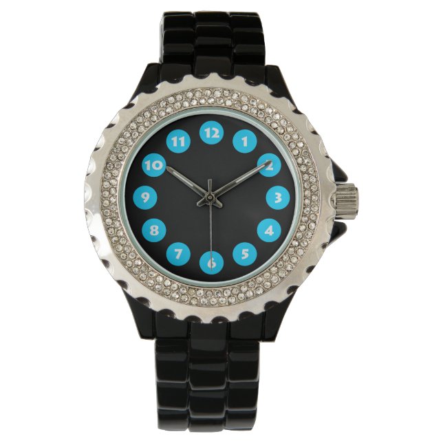 Montre 12 Spots - bleu ciel sur noir (devant)