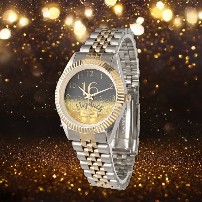 Montre 16e anniversaire noir or nom élégant arc (Créateur téléchargé)