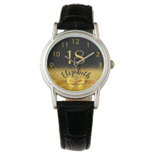 Montre 18e anniversaire or noir élégant nom d'arc