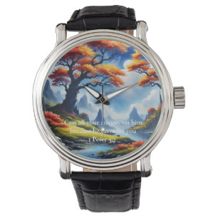Montre 1 Pierre 5:7 croix sur une montagne
