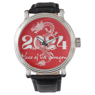 Montre 2024 année du dragon rouge blanc