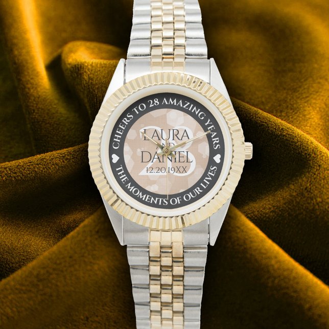 Montre 28e anniversaire du Mariage de lin élégant (Elegant 28th Linen Wedding Anniversary Wristwatch Cover Photo)