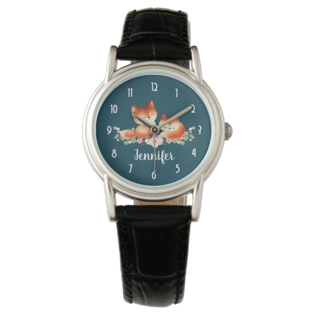Montre 2 mignons Petits Renards Rouges Aquarelle Design (devant)