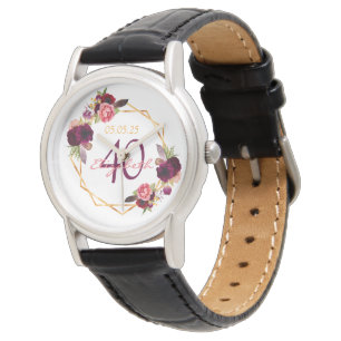 Montre 40e anniversaire blanc fleuri or nom géométrique
