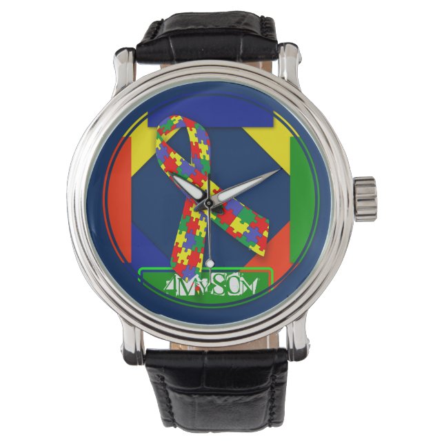 Montre 4MySon Autisme Vintage bracelet en cuir (devant)