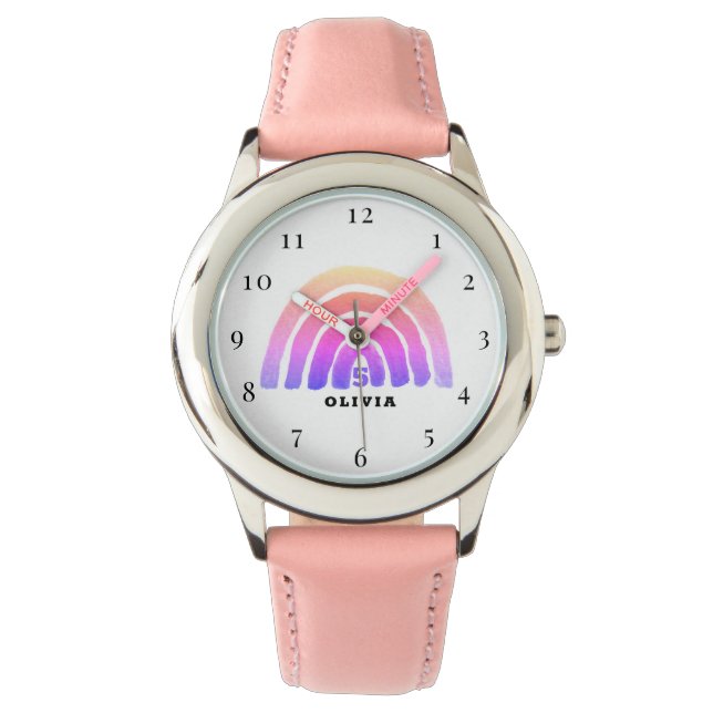Montre 5e anniversaire 5 ans fille rose arc-en-ciel Boho (devant)