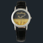 Montre 80th birthday black gold name elegant bow<br><div class="desc">Elegant,  classic,  glamorous and feminine.  A faux gold colored bow and ribbon with golden glitter and sparkle,  a bit of bling and luxury for a birthday gift or keepsake.  Black background. Templates for her name,  and the age 80. The name is written with a modern hand lettered style script.</div>