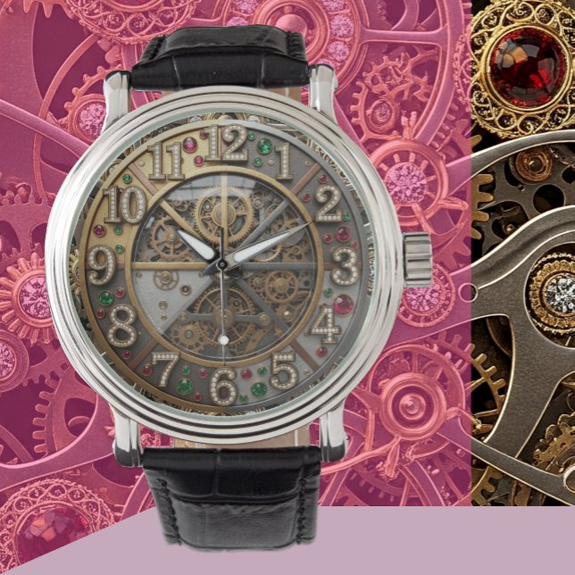 Montre à bijoux vintage, Steampunk, diamants, or (Industrial Steampunk Mechanical Jeweled Watch)