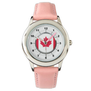 Montre à bracelet en cuir rose du drapeau canadien
