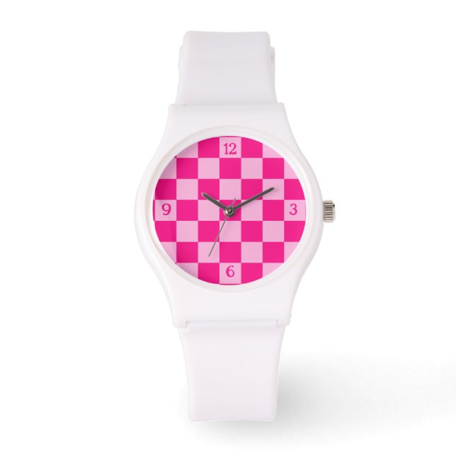 Montre à damiers rose chaud clair rétro avec numéros (Recto)