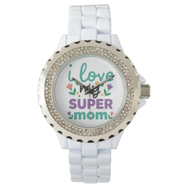 Montre à lien blanc Super Maman avec cadran à diam (devant)