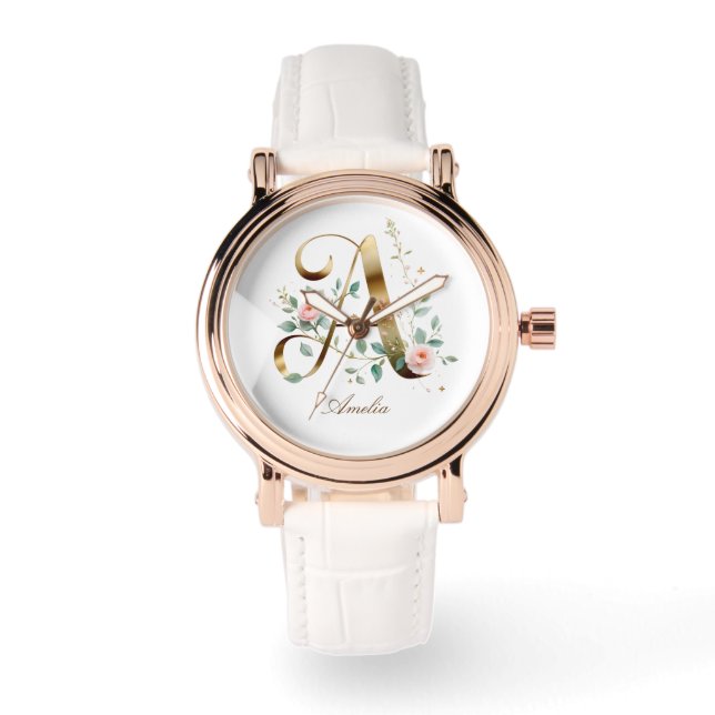 Montre à monogramme initial A floral or élégant (Recto)
