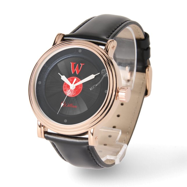 Montre à monogramme personnalisé sur disque vinyle (Angle)
