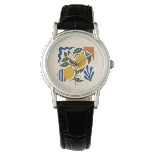 Montre Abstract Lemon Leaves Boho Blue Cream Watch