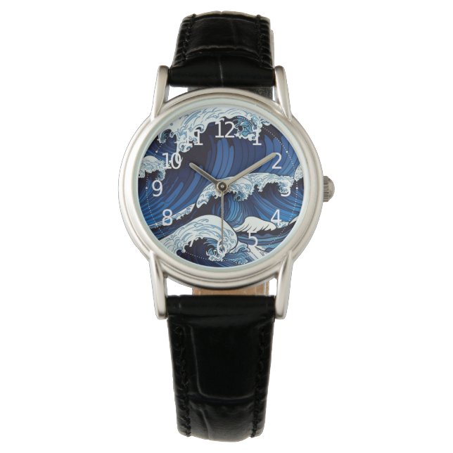 Montre Abstrait Blue Ocean Waves Art de style japonais | (devant)