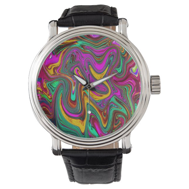 Montre Abstrait d'Art en Rose Chaud Marbré et Vert Mousse (devant)