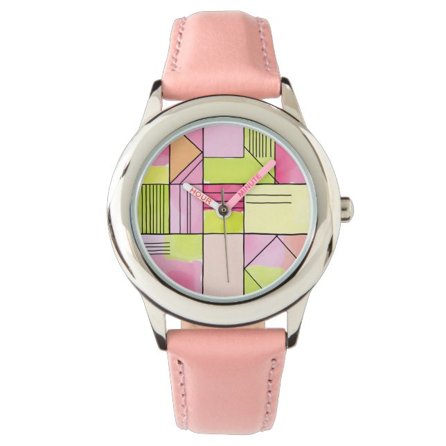 Montre Abstrait patchwork rose et vert citron (devant)