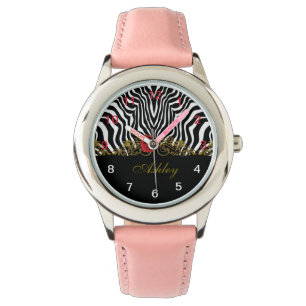 Montre Abstraite Fleur Zèbre Rouge Noir Blanc Or
