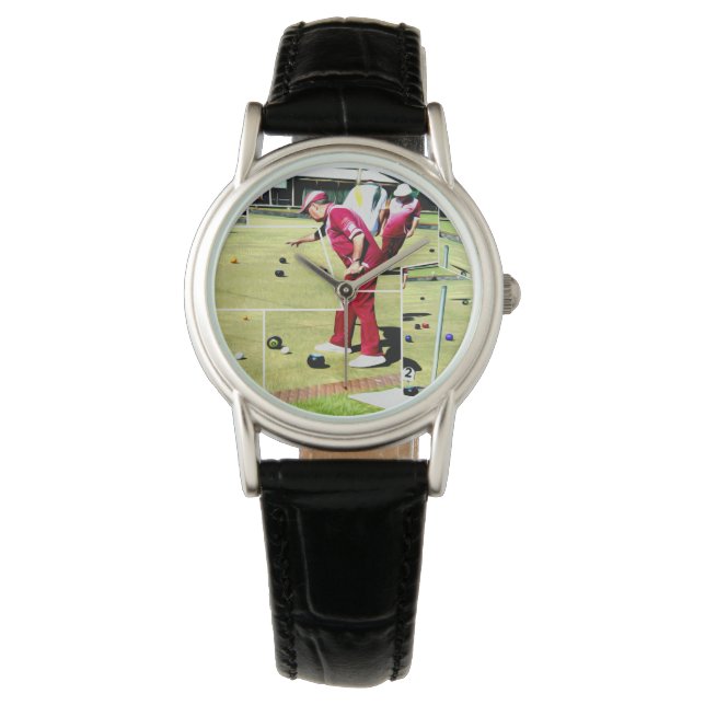 Montre Abstraite pelouse Bowls Huile Paint Ladies Leather (devant)